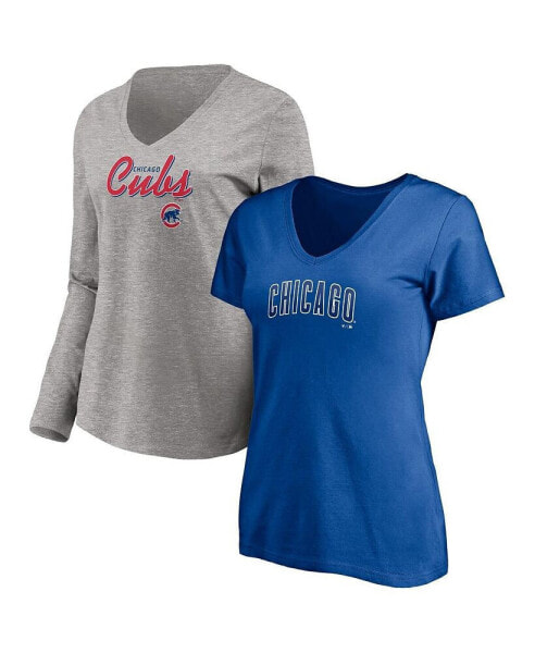 Women's Royal, Heathered Gray Chicago Cubs Team V-Neck T-shirt Combo Set