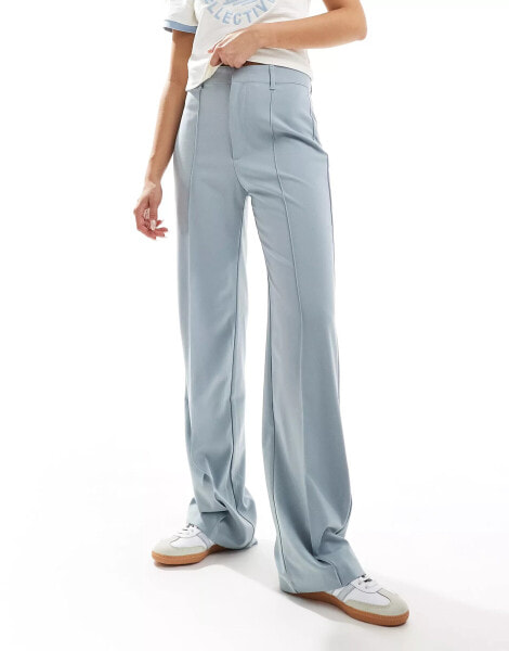 Pull&Bear high waisted tailored straight leg trouser in pale blue grey