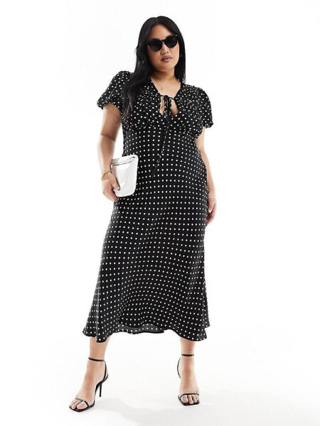 ASOS DESIGN CURVE  ruched tie detail bodice midi dress in mono spot