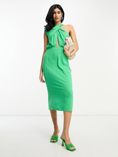 ASOS DESIGN sleeveless one shoulder twist neck pencil midi dress in green 