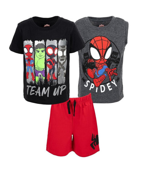 Комплект для мальчиков Marvel "Паучок и его удивительные друзья" - Футболка, топ, шорты черного/красного/серого цвета