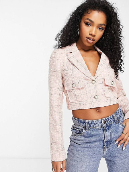 Miss Selfridge boucle boxy crop blazer co-ord in pink check