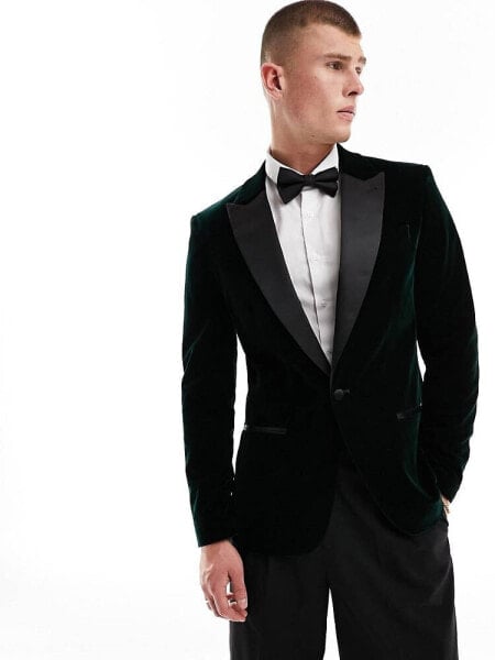 River Island velvet tuxedo jacket in dark green