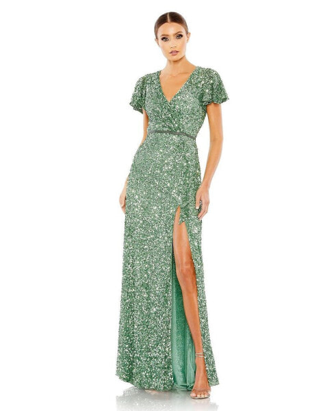 Women's Sequined Wrap Over Butterfly Sleeve Draped Gown