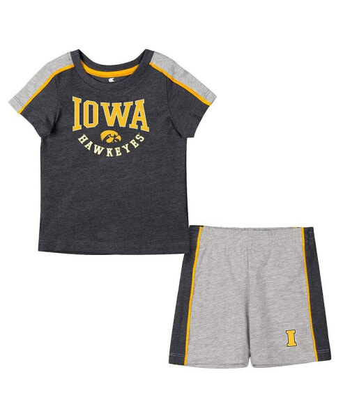 Infant Boys and Girls Black, Heather Gray Iowa Hawkeyes Norman T-shirt and Shorts Set