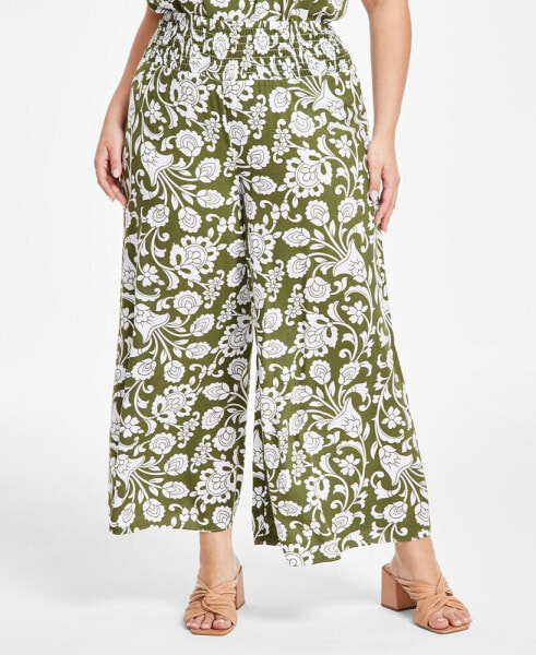 Plus Size Printed Smocked-Waist Wide Leg Pants