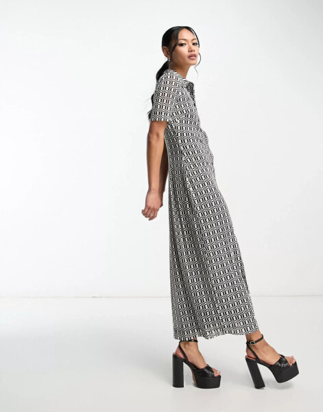 Whistles short sleeve midi sheer dress in geometric print