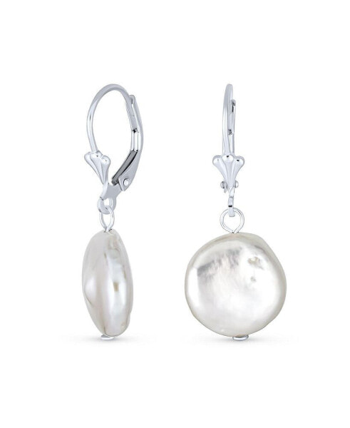 Baroque Irregular Round Coin Shaped Bridal White Biwa Coin Freshwater Cultured Pearl Dangle Earrings For Women.925 Sterling Silver Lever back