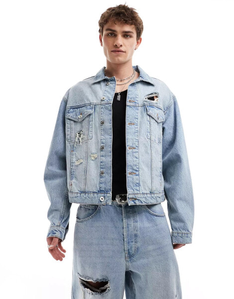 COLLUSION co-ord denim trucker jacket with rips in lightwash