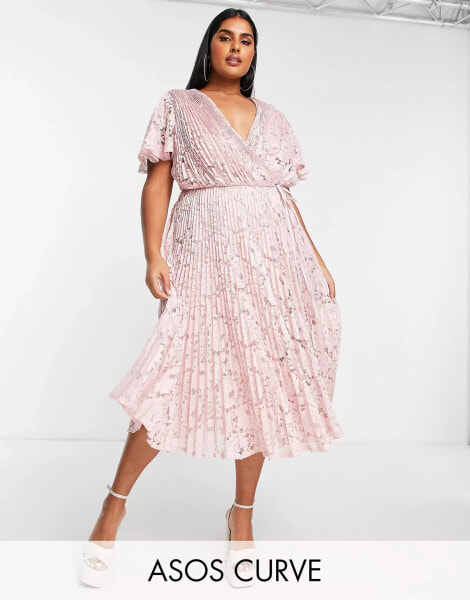 ASOS DESIGN Curve exclusive lace pleated midi dress with tie detail in blush