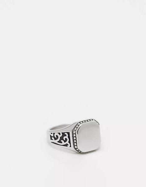 ASOS DESIGN waterproof stainless steel signet ring with embossing in silver tone