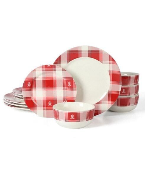 Plaid Decorated Red White 12 Piece Dinnerware Set, Service for 4