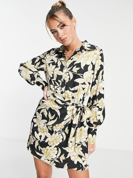 In The Style x Terrie Mcevoy wrap mini shirt dress in black floral