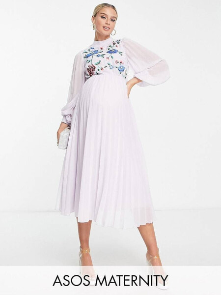 ASOS DESIGN Maternity high neck pleated long sleeve skater midi dress with embroidery in lilac