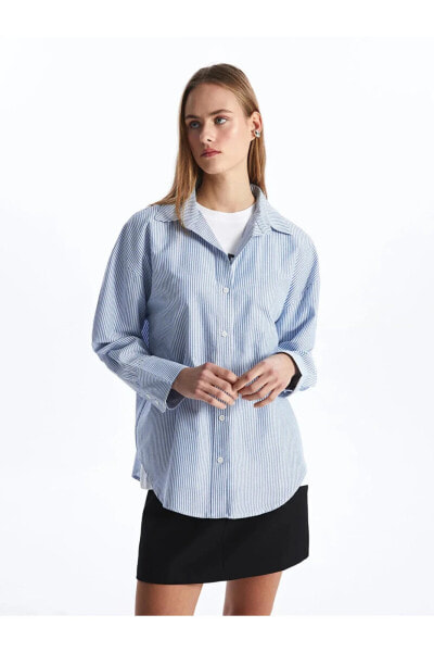 LCW Vision Çizgili Uzun Kollu Oxford Kadın Gömlek