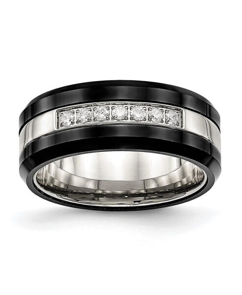 Stainless Steel Polished Black Ceramic CZ Beveled Edge Ring