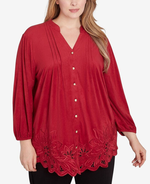 Plus Size Button Front Stretch Faux Suede Top with Cut Out Hem Detail