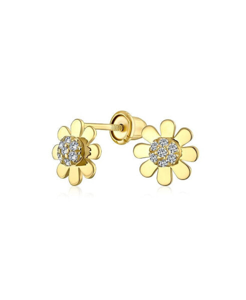 Tiny Petite CZ Cubic Zirconia Accent Dainty Real 14K Yellow Gold Sunflower Daisy Flower Stud Earrings For Women Teen Secure Clutch Screw back