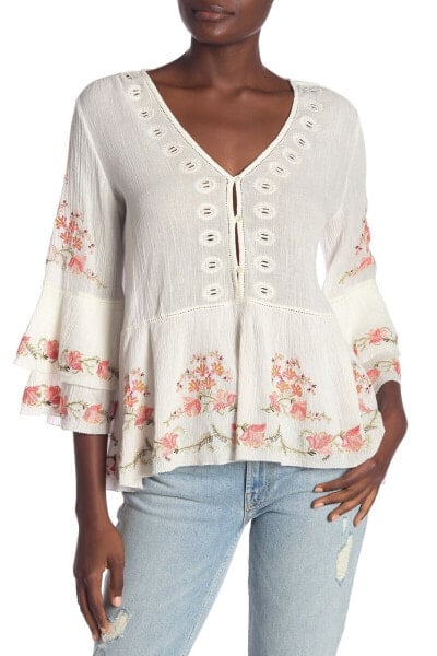 Joie 158526 Women's Kamile Embroidered Blouse 3/4 Sleeve Porcelain Sz. XS