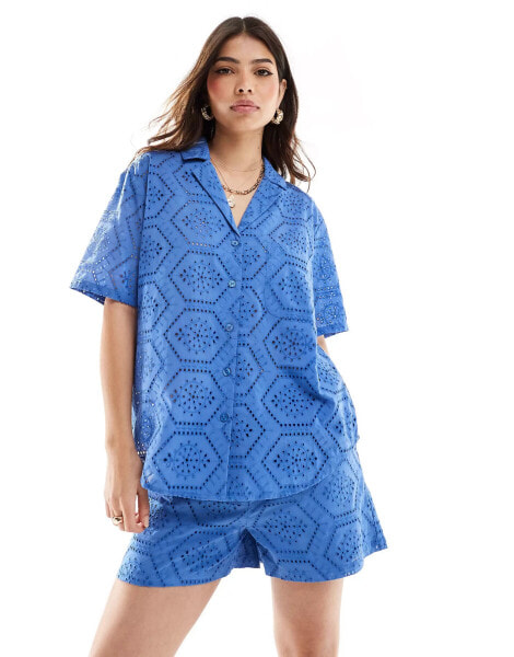 Iisla & Bird broderie short sleeve beach shirt co-ord in blue