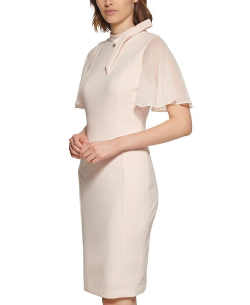 Tie-Neck Chiffon-Flutter-Sleeve Sheath Dress