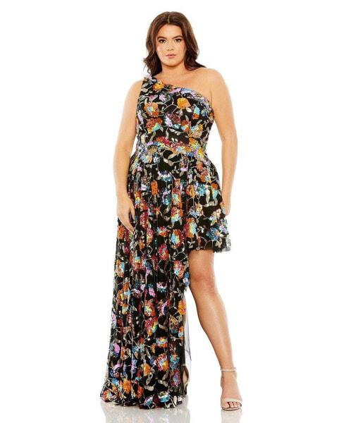 Women's Plus Size Sequin Embellished One Shoulder Asymmetrical Gown
