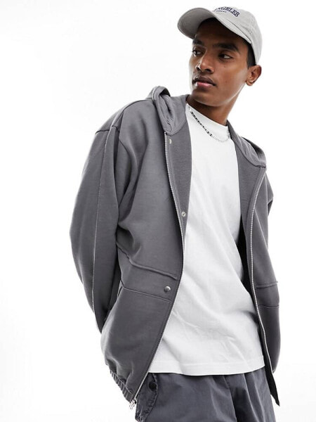ASOS DESIGN zip through hoodie with distressing detailing in charcoal grey 