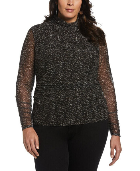 Plus Size Printed Ruched Mesh Mock Neck Long Sleeve Top