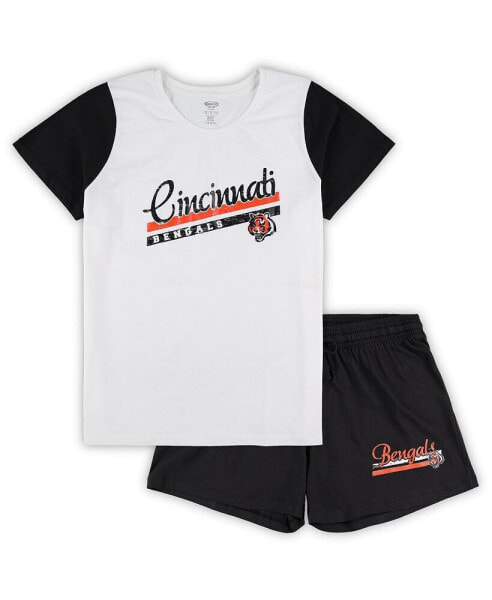 Women's White, Black Cincinnati Bengals Plus Size Downfield T-shirt and Shorts Sleep Set