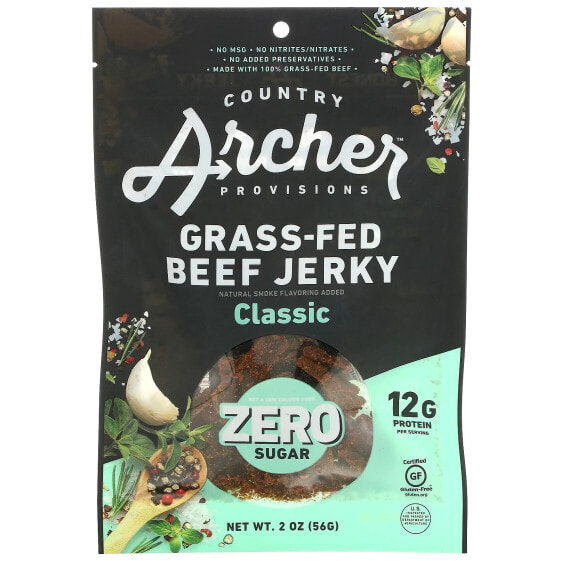 Country Archer Jerky, Вяленое мясо с говядиной травяного откорма, без сахара, классическое, 56 г (2 унции)