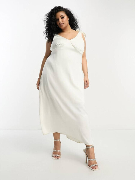 Vila Curve Bridal satin tie shoulder cami maxi dress in cream