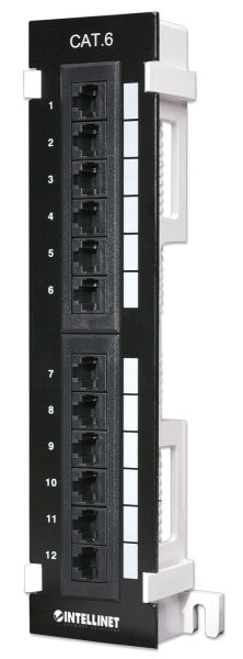 Intellinet Patch Panel - Cat6 - Wall-mount - UTP - 12 Port - Black - IEEE 802.3 - IEEE 802.3ab - IEEE 802.3u - Fast Ethernet - Gigabit Ethernet - RJ-45 - Gold - U/UTP (UTP) - Black