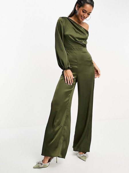 TFNC satin one shoulder jumpsuit in olive