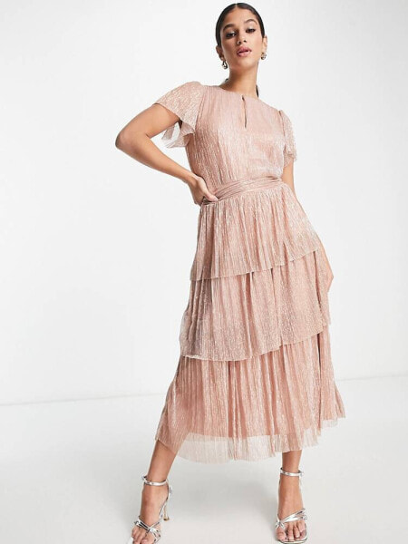 Forever New ruched waist tiered glitter midi dress in rose gold