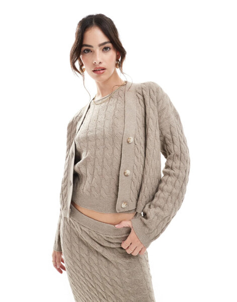 Vero Moda Aware cable knit boxy cardigan co-ord in beige melange