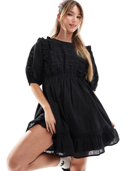 Miss Selfridge cotton pintuck trim insert mini dress in black