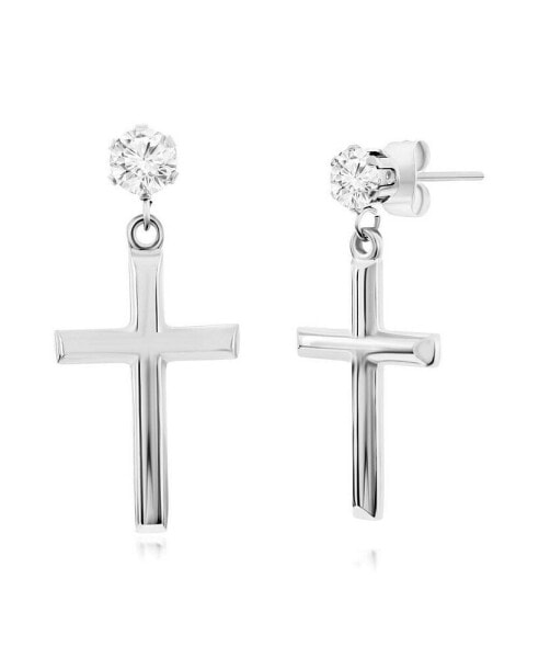 Stainless Steel Polished Cross & CZ Earrings