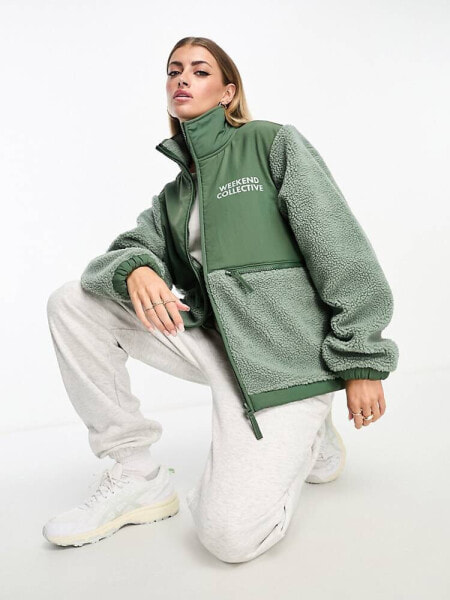 ASOS DESIGN Weekend Collective borg nylon zip through fleece in sage green