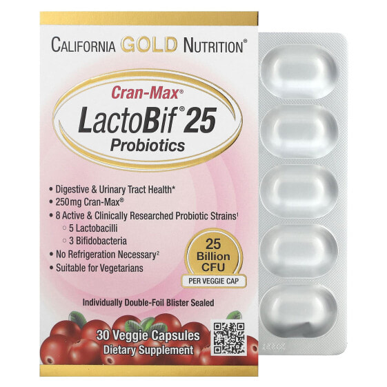 California Gold Nutrition, Lactobif, Cran-Max, пробиотики, 25 млрд КОЕ, 30 растительных капсул