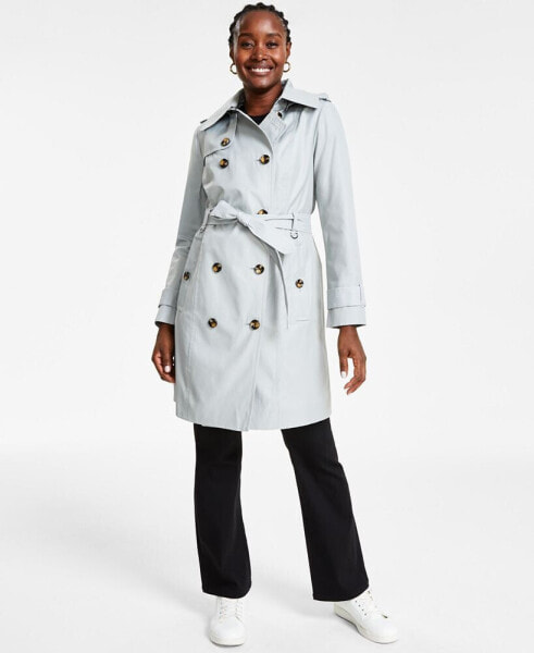 Petite Hooded Double-Breasted Trench Coat
