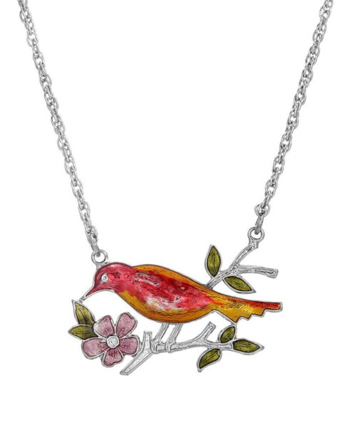 Silver-Tone Red and Yellow Enameled Bird and Flower Pendant Necklace