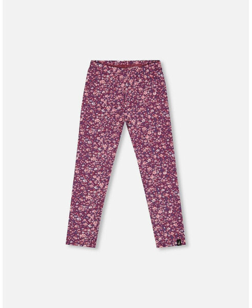 Big Girls Stretch Leggings Burgundy Printed Flowers