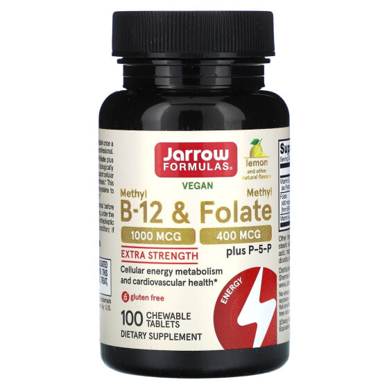 Jarrow Formulas, веганский метил B12 и метилфолат, повышенная сила действия, со вкусом лимона, 100 жевательных таблеток