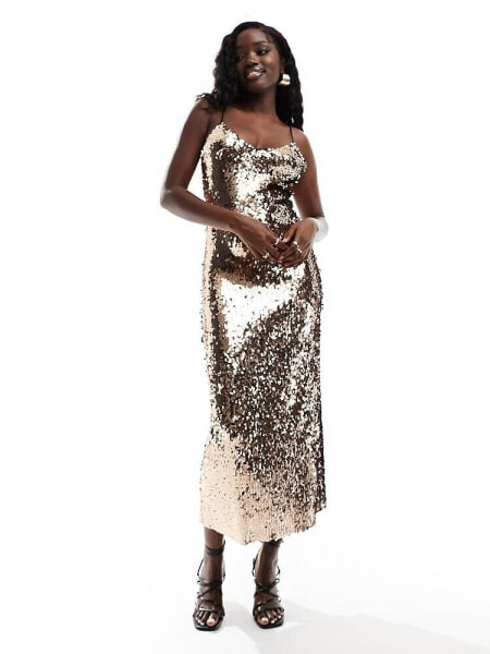 Stradivarius sequin maxi dress in gold 