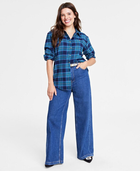 Women's Cotton Flannel Plaid Tunic Shirt, Created for Macy's