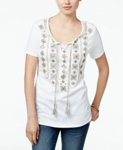 JM Collection Women's Embroidered Tasseled Split Neck Knit Top Bright White M