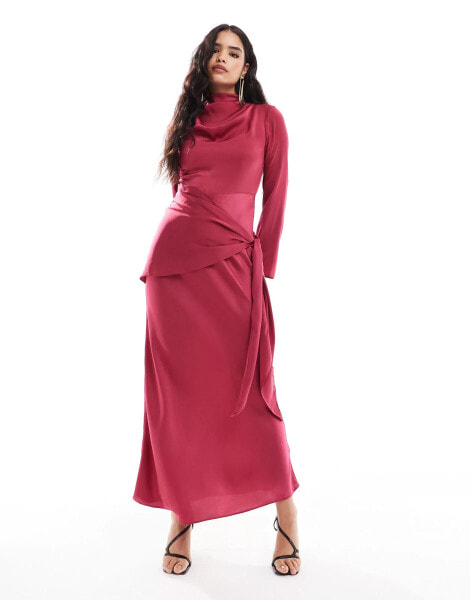 ASOS DESIGN satin long sleeve maxi dress with tie waist overlay detail in berry pink