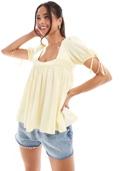 ASOS DESIGN linen smock top in butter yellow