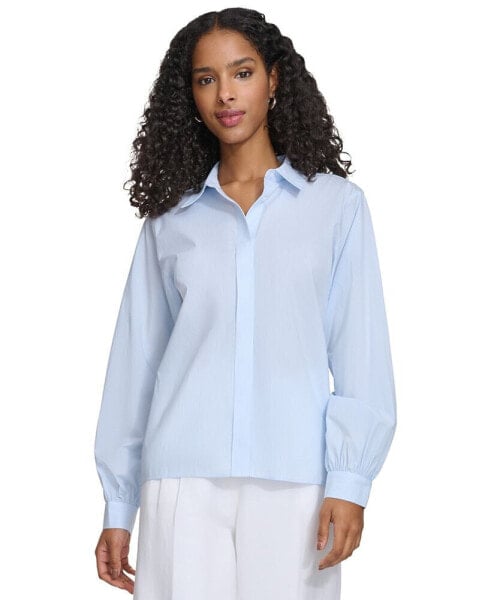 Women's Pinstriped Covered-Placket Long-Sleeve Blouse