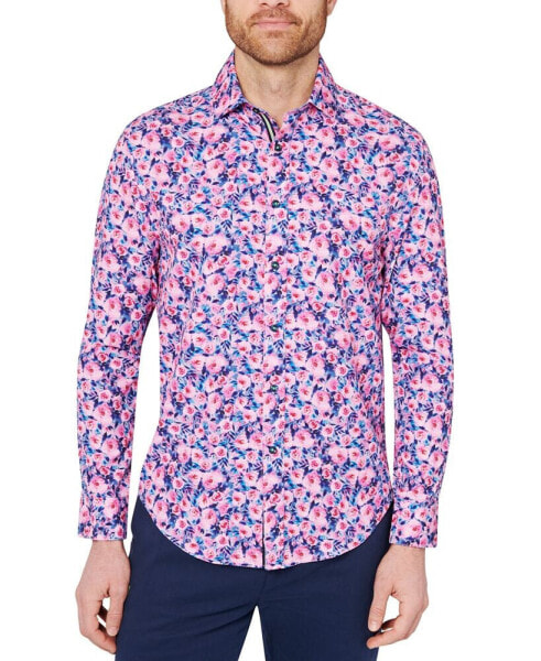 Men's Slim Fit Non-Iron Floral Print Performance Stretch Button-Down Shirt